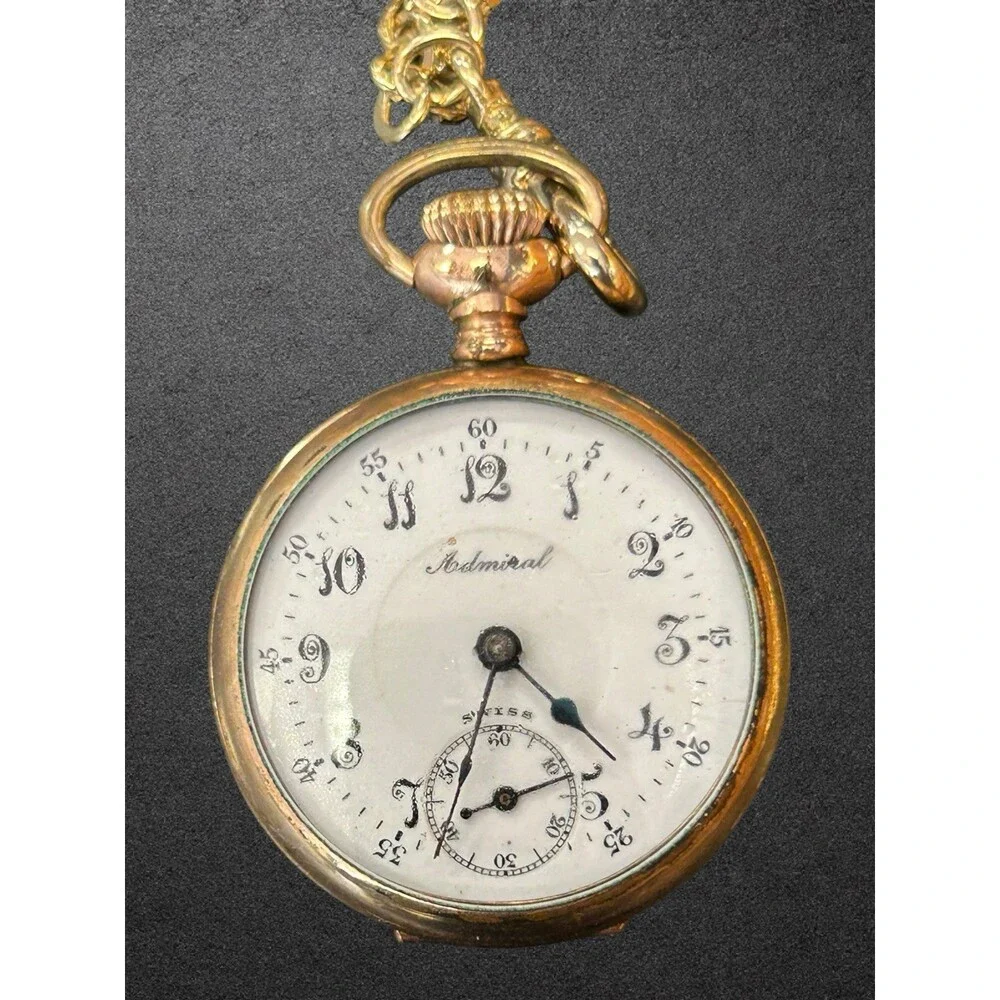 Vintage Admiral Swiss Pocket Watch Gold Tone w/ Chain Monogrammed Back